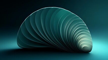 Abstract 3D shape resembling a seashell with a teal gradient and a dark background.