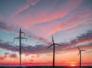 Obraz premium wind power generator silhouettes on pink sunset background