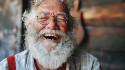 Photo of elderly man with white beard laughing, eyes closed in amusement. Warm, inviting atmosphere with cozy background. Mood: happiness and contentment.