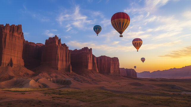 AlUla Balloon Festival, colorful hot air balloons flying over the magnificent red rock formations in AlUla, sunrise atmosphere with soft light shining on the desert, Ai generated images