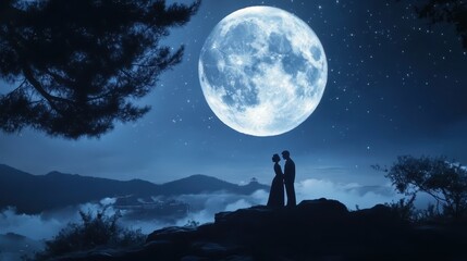 Silhouetted couple standing on a hill under a large full moon with a starry night sky and mountains in the background.