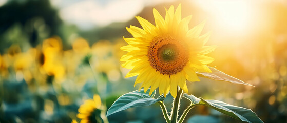 Obraz premium Summer sunflower flower background banner - Closeup of blooming sunflowers on field
