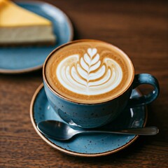 Latte Art coffe with a Slice of Cheesecake on a Wooden Table