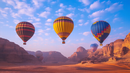 Fototapeta premium AlUla Balloon Festival, colorful hot air balloons flying over the magnificent red rock formations in AlUla, sunrise atmosphere with soft light shining on the desert, Ai generated images