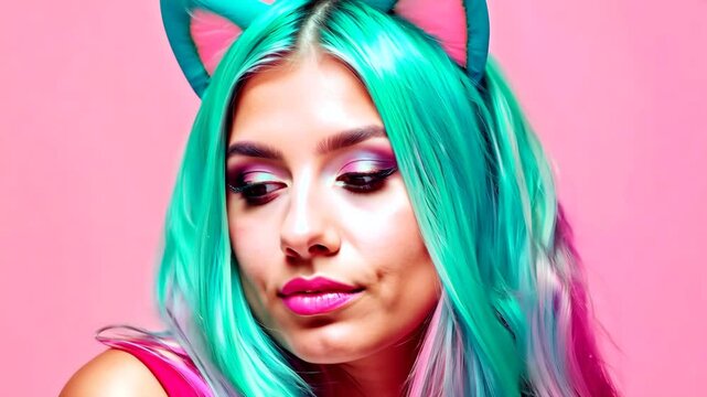 Close-up of Woman with Teal Hair and Cat Ears Against Pink Background