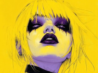 Fototapeta premium Digital artwork of a woman with vibrant yellow hair and bold black makeup against a striking yellow background.