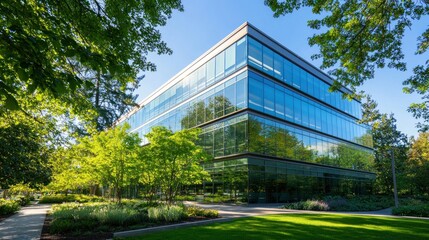 Obraz premium A contemporary office building with reflective glass windows and lush green trees surrounding it, basking in sunlight 