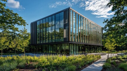Obraz premium A contemporary office building with reflective glass windows and lush green trees surrounding it, basking in sunlight 