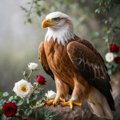 Obraz premium A majestic artistic portrait of a graciously posed Canadian golden eagle set against a serene natural background, amidst a delicate scatter of white and crimson roses.