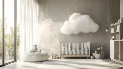 soft and serene nursery featuring calming light gray palette, cozy crib, and whimsical cloud decor. space is bright and inviting, perfect for peaceful atmosphere