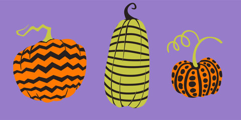 Decorative pumpkins with abstract black, orange, and green patterns on a purple background, with twisted stems .  for Halloween, autumn décor, party invitations, or seasonal design 