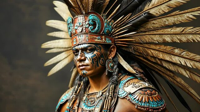 A man in traditional Aztec attire stares intensely at the camera, adorned with elaborate headdress and jewelry