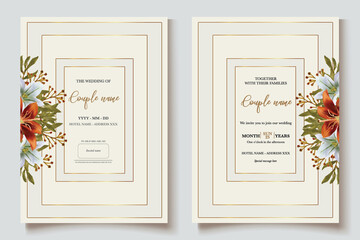 WEDDING INVITATION FRAME WITH FLOWER DECORATIONS AND FRESH LEAVES 
