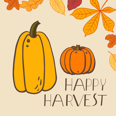 postcard features a bright yellow and orange pumpkin surrounded by autumn leaves with the words 