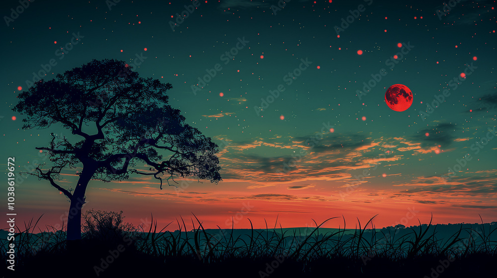 Aufkleber silhouette of tree under a red moon in a starry twilight sky..
