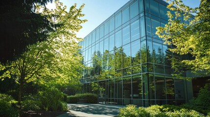 A contemporary office building with reflective glass windows and lush green trees surrounding it, basking in sunlight 