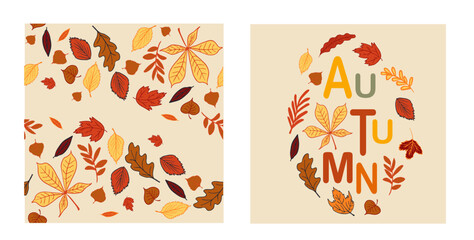 autumn postcards with vibrant fall leaves and acorns, paired with bold 