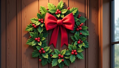 Traditional Christmas wreath in green and red adorning wooden door