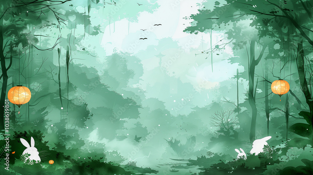 Poster enchanted forest with lanterns and hidden bunnies..