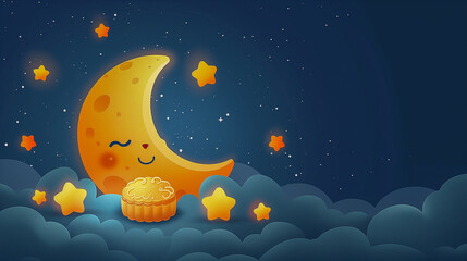 Fototapeta premium Cute crescent moon with stars and a mooncake in a night sky..