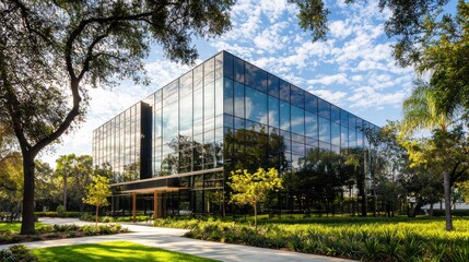 Obraz premium A contemporary office building with reflective glass windows and lush green trees surrounding it, basking in sunlight 