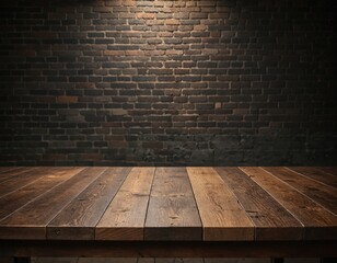 Rustic Wooden Table with Dark Brick Wall Background