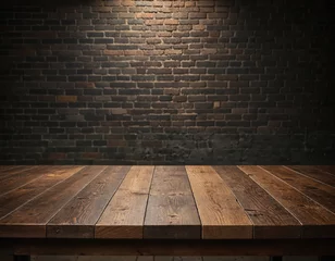Rustic Wooden Table with Dark Brick Wall Background