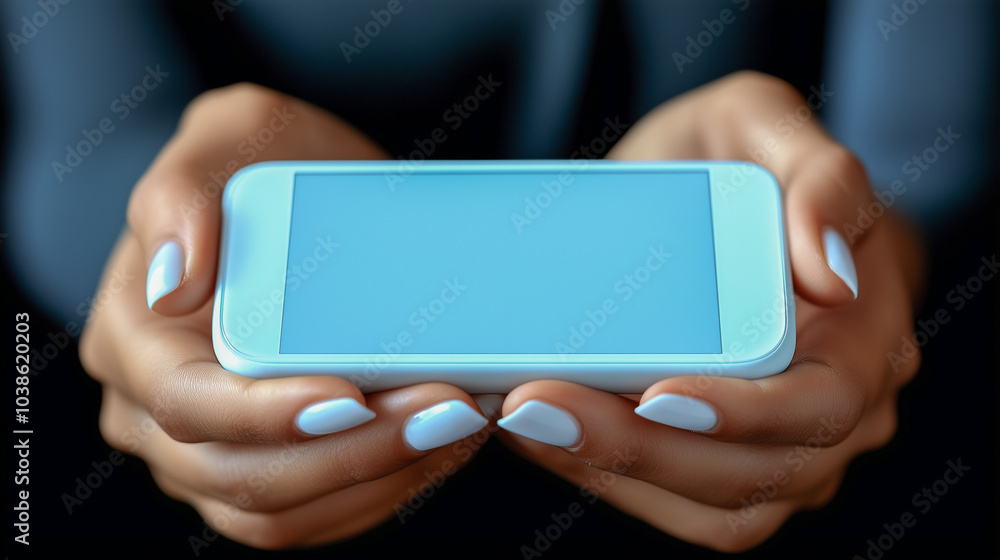 Poster close-up of hands holding a smartphone with blank screen..