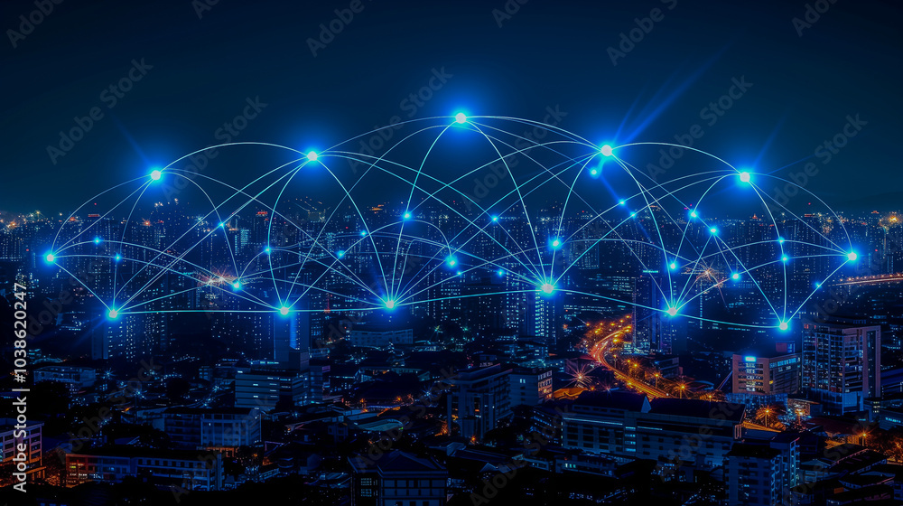 Poster connected smart city with glowing network nodes at night..