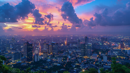 Fototapeta premium Colorful Sunset Over a Vibrant City Skyline with Glowing Lights..
