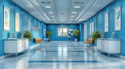 Fototapeta premium Modern Hospital Waiting Area with Blue Walls and Bright Lighting..