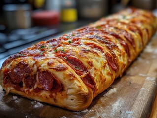 Long pepperoni pizza stromboli roll baked on a wooden cutting board in a home kitchen.