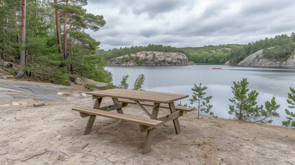 Wooden Picnic Table by a Tranquil Lake and Rocky Landscape..