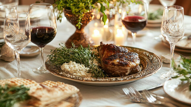 Elegant Passover Seder Table Setting with Traditional Dishes