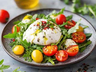 Fresh arugula / Rocket salad with burrata cheese, cherry tomatoes, and olive oil garnished with pepper and herbs on a ceramic plate.