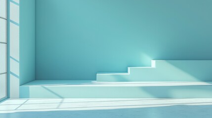 Minimalist Blue Room Interior with Platform and Sunlight