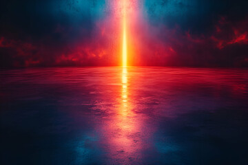 A vibrant sunrise scene with colorful reflections on water, featuring a bright vertical beam of light contrasting against dark clouds.