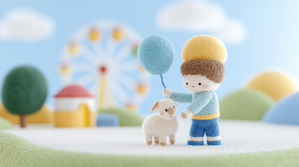 A whimsical scene featuring a boy with a balloon beside a sheep, set against a colorful, playful backdrop of hills and a Ferris wheel.