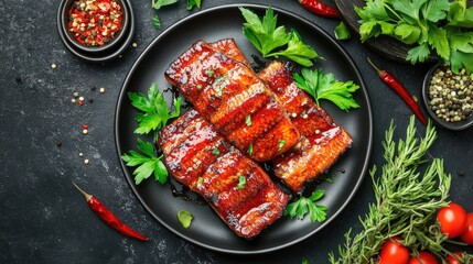 Grilled Fish with Herbs and Spices on Black Plate