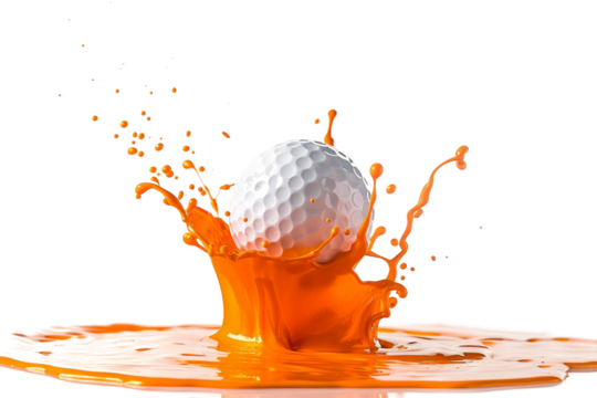 Close-up of a golf ball splattering orange paint in mid-air isolated on transparent background