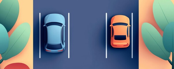 Two parked cars in a modern setting with greenery around, top view.