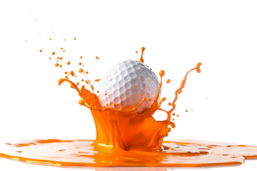 Dynamic shot of a golf ball creating a splash in bright orange paint isolated on transparent background