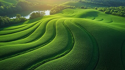 Fototapeta premium Aerial View of Curving Lines in Green Grass Landscape