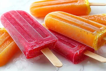 hyper realistic photo of  Orange and strawberry popsicles isolated on white background.  , copy space, copy space for text,