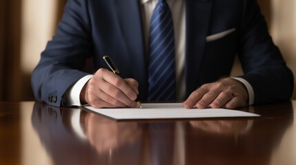 Businessman writing on paper, focus on hands and pen.