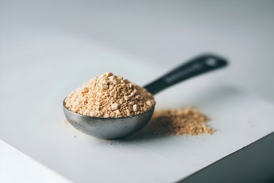 A spoonful of supplement powder for gym training pre workout measuring correct amount