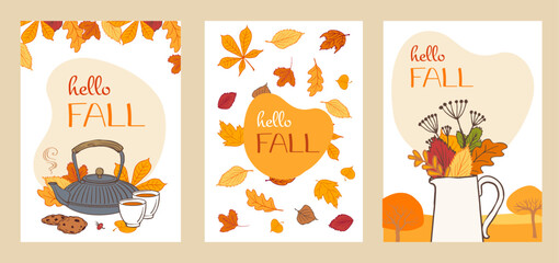 autumn postcards celebrate the season with teapots, warm drinks, leaves, and autumn bouquets. for fall  events, invitations, decor, posters, and cozy seasonal greetings.