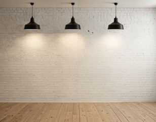 A minimalist, empty room with a white brick wall, three black pendant lights, and a wooden floor creates a tranquil and serene atmosphere