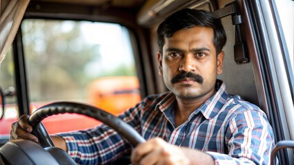 Driver at Truck Wheel - Close-up of an Indian driver focusing on the road, showcasing determination and professionalism.
