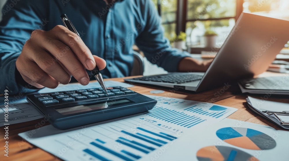Poster businessman analyzing a marketing plan while an accountant calculates financial reports using a comp